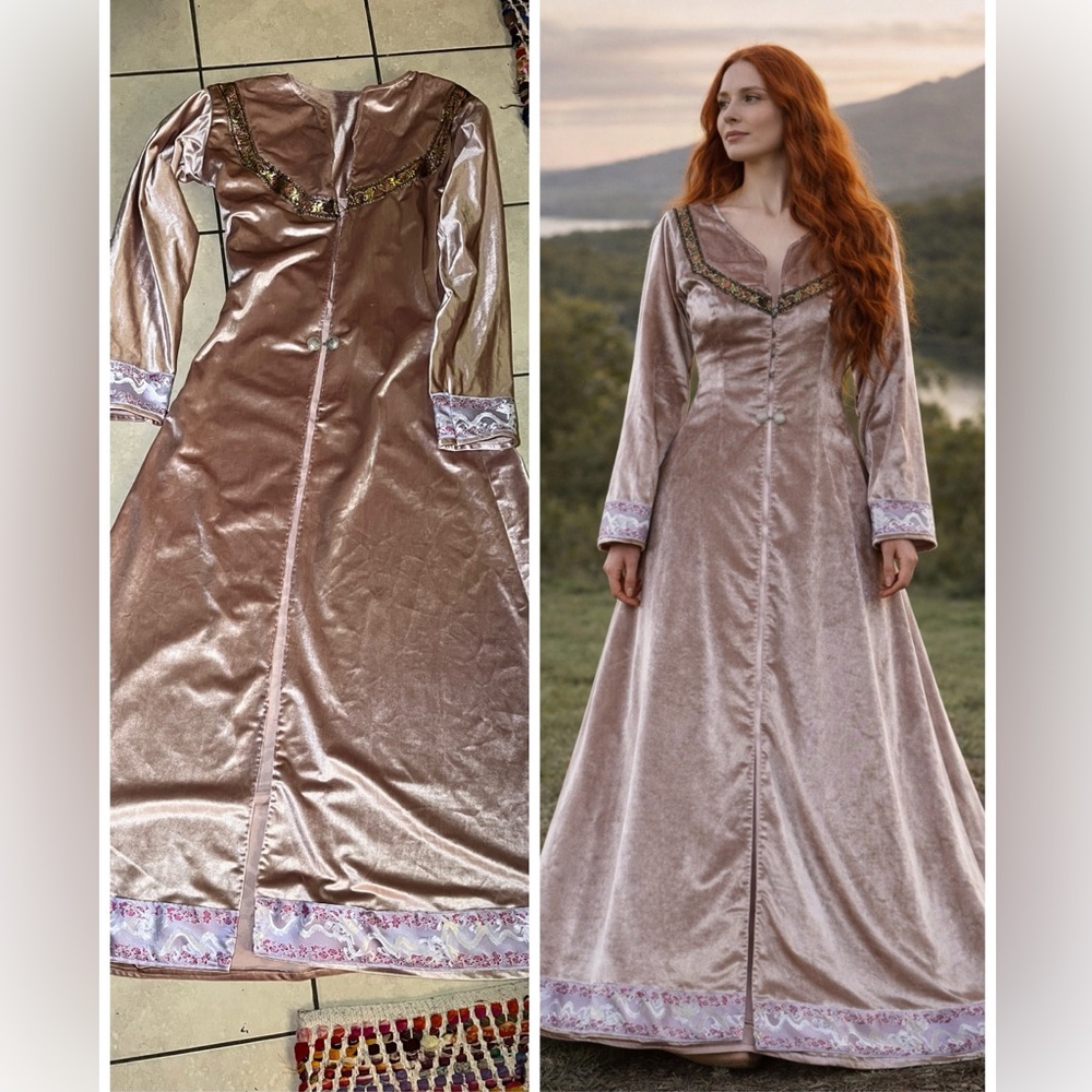 VELVET (NO STRETCH) JACQUARD RIBBON TRIMMED MEDIEVAL FULL MAXI COAT VIKING LARP